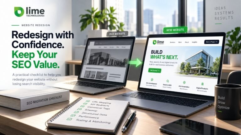 Website redesign and SEO migration concept comparing an old website with a redesigned website.