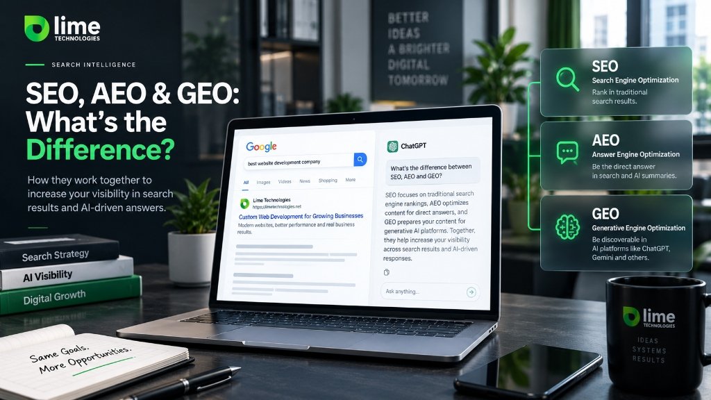 Editorial illustration comparing SEO, answer engine optimization and generative engine optimization.