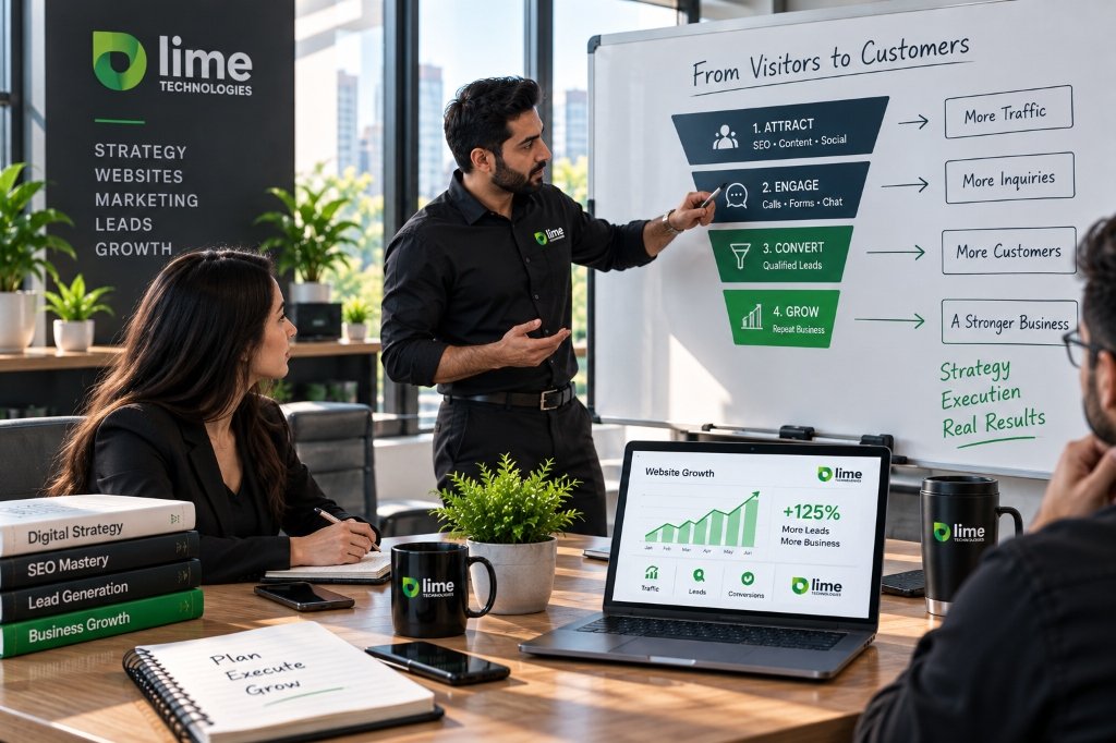 Digital strategy planning session illustrating how different acquisition channels connect to a business funnel.