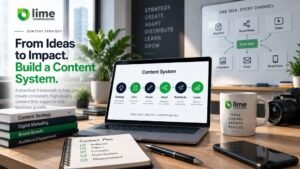 Content strategy workspace illustrating the stages of a repeatable content system.