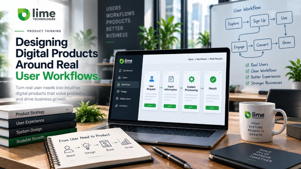 Digital product design workspace illustrating a user-centered workflow and system architecture.