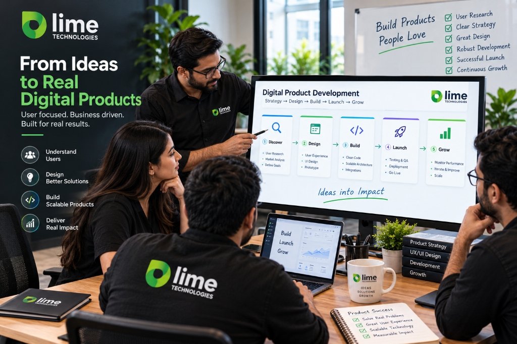 Digital product team reviewing a workflow-led product development process.