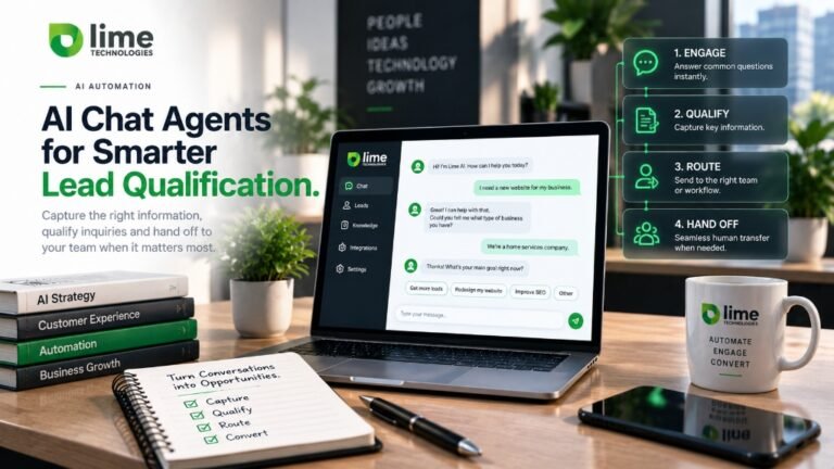 AI chat lead qualification concept showing information capture, qualification, routing and human handoff.
