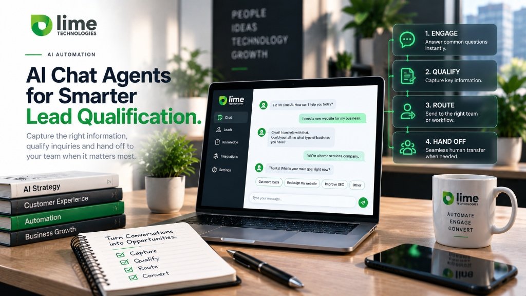 AI chat lead qualification concept showing information capture, qualification, routing and human handoff.
