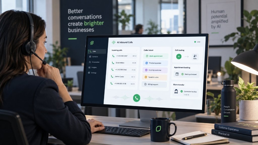 AI inbound call operations workspace showing call intake, intent classification, routing and human handoff.